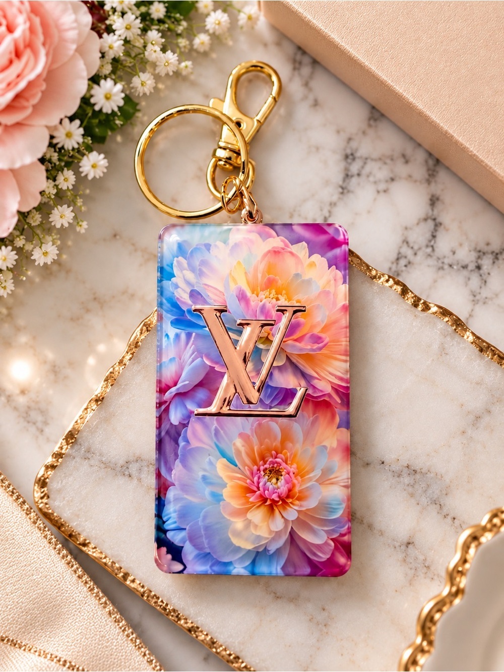 Handcrafted Floral LV Style Bag Charm Keychain | Gold Tone | Double Sided